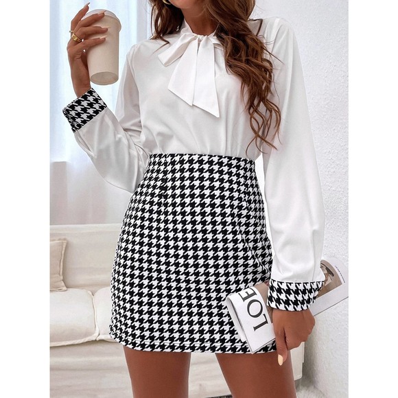 2 piece set: Tie Neck Top white long sleeve blouse & Houndstooth mini Skirt set - Picture 4 of 5